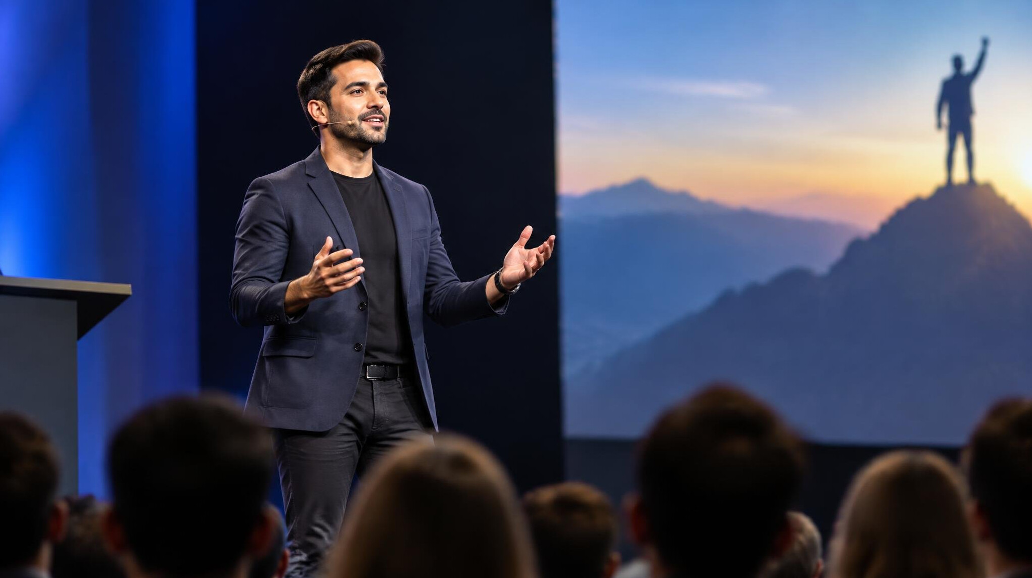 confident speaker on stage
