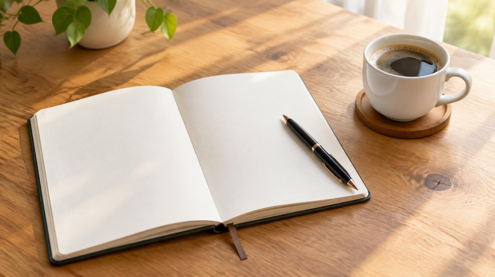 Open notebook and pen on a wooden table with coffee
