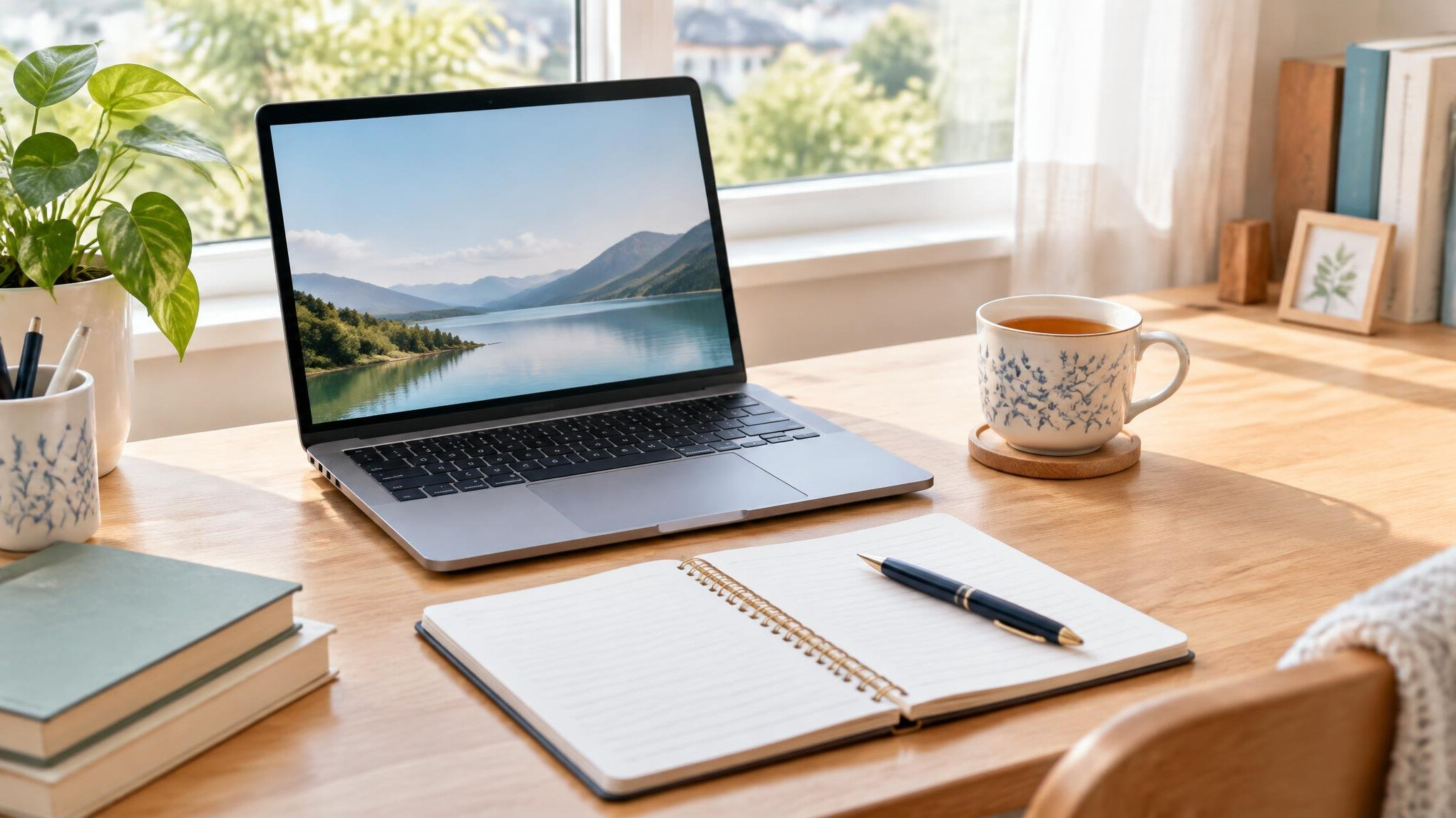 Open laptop and notebook on a bright desk ready for writing