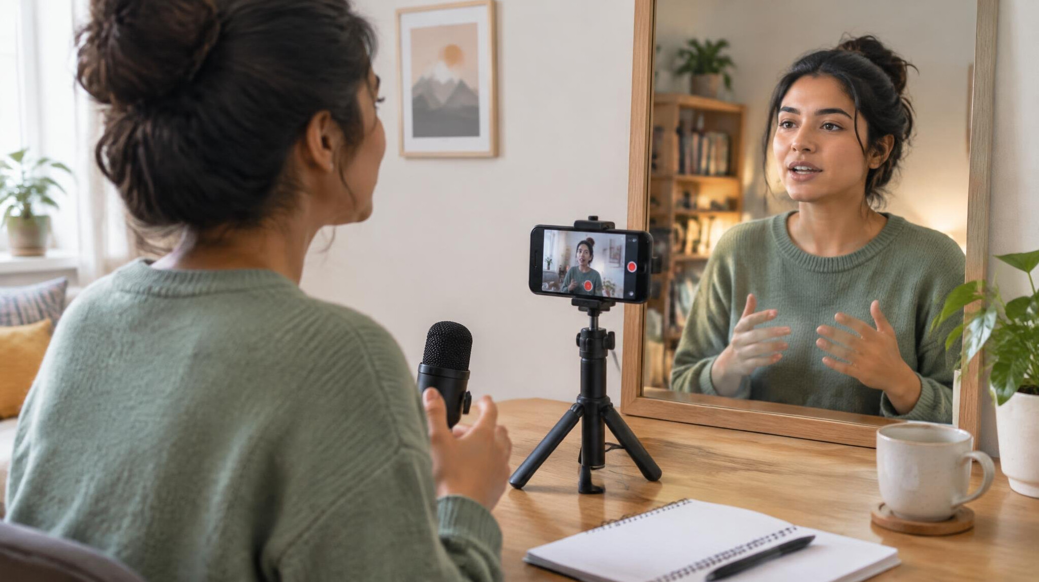 woman practicing speech at home