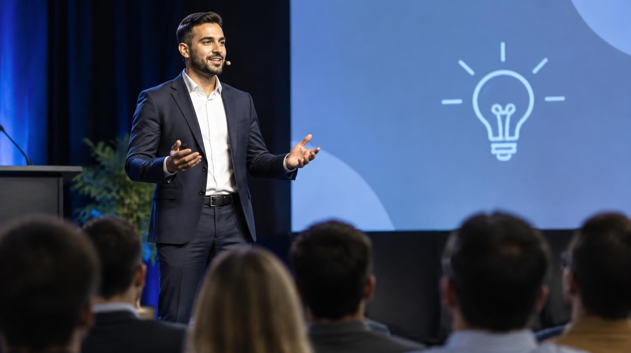 confident speaker on stage