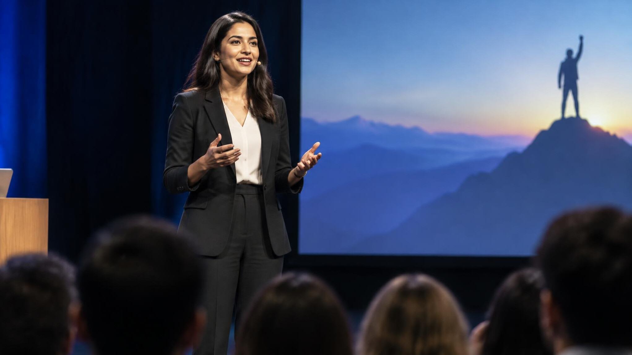 confident speaker on stage
