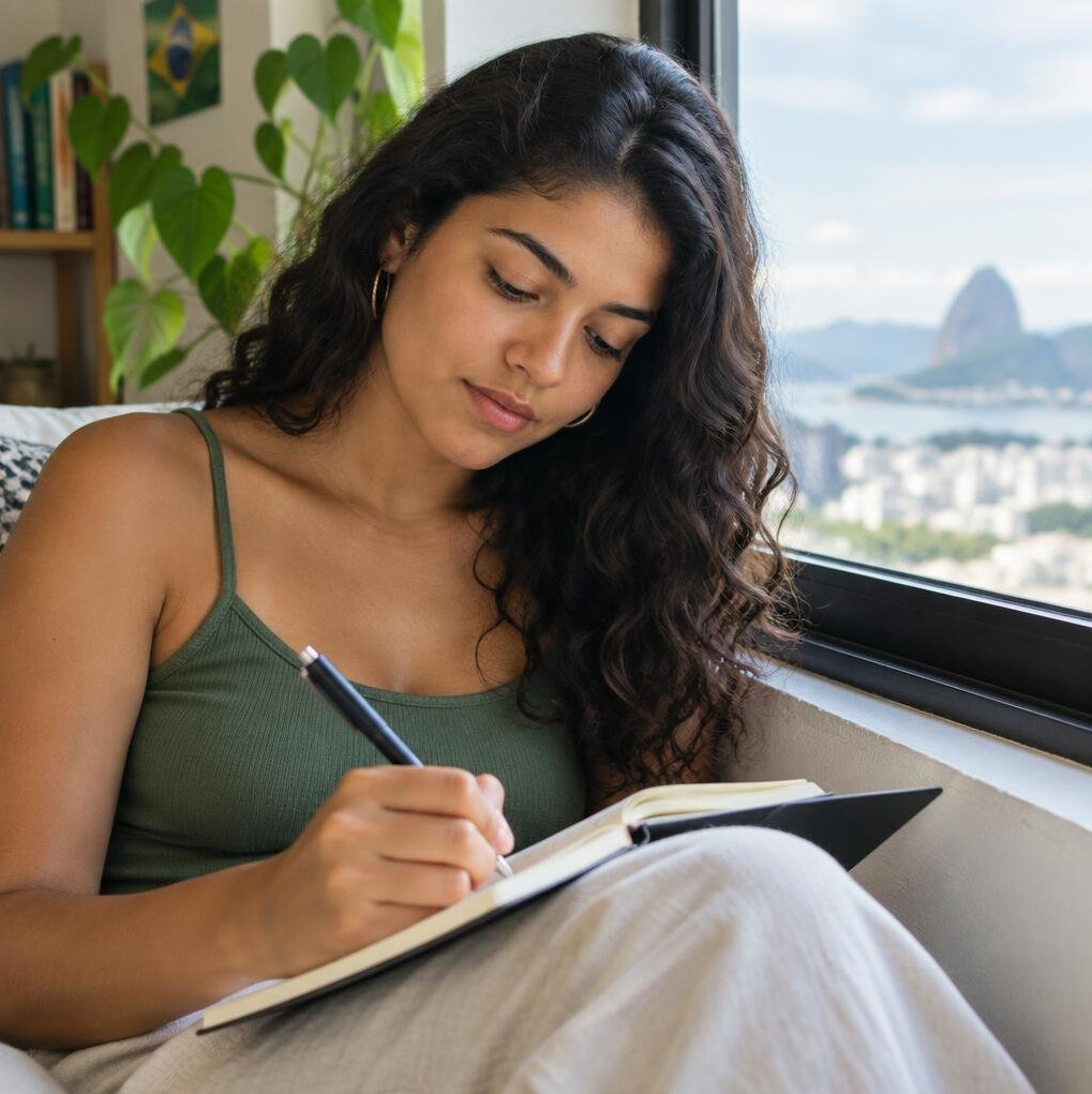 Woman writing thoughtfully in a notebook by a window